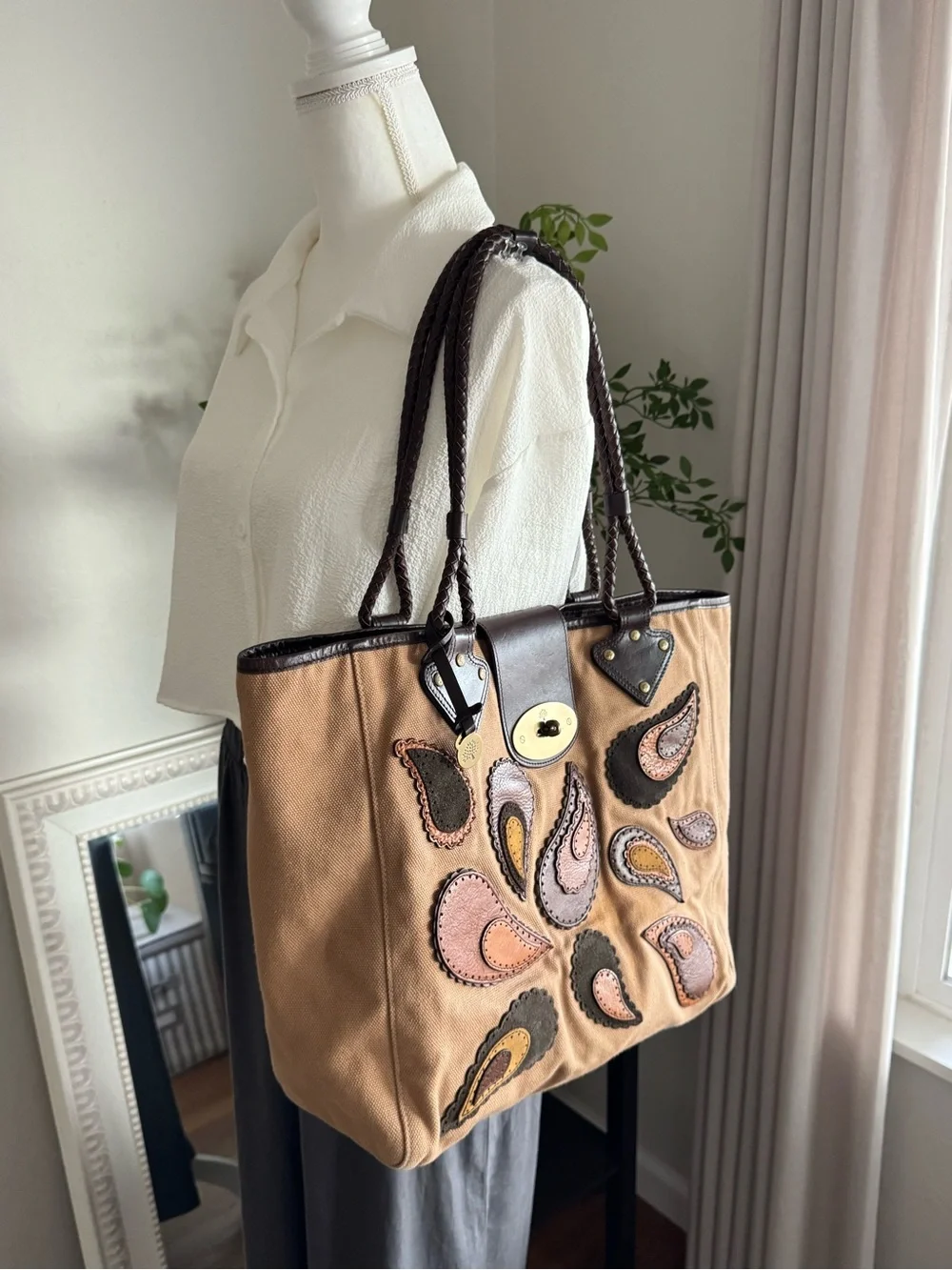 Mulberry Radeliffe Paisley Appliqué Canvas Tote in Tan and Brown